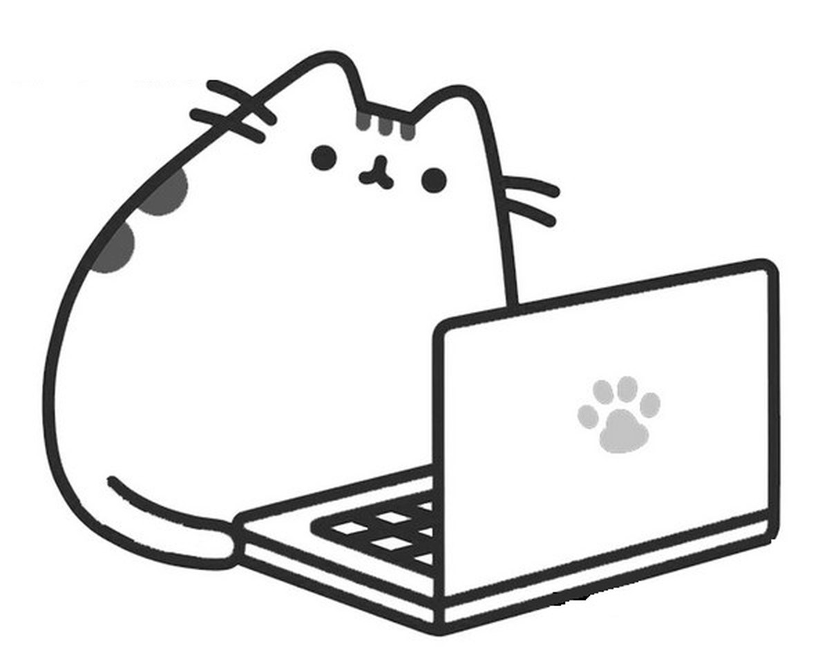 Online coloring book: Pusheen in front of the laptop coloring page